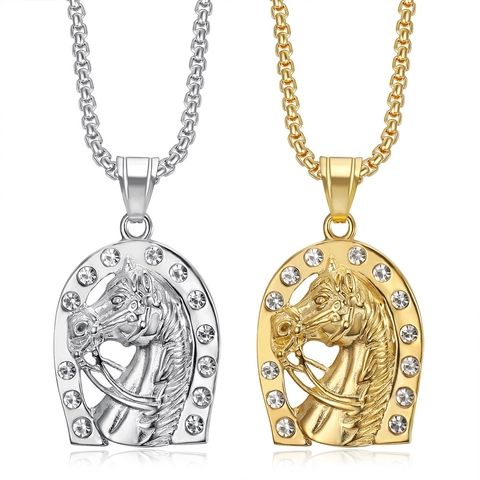 Collana con Ciondolo a Forma di Testa di Cavallo e Ferro di Cavallo Hip Hop Acciaio Inossidabile con Strass Intarsiato