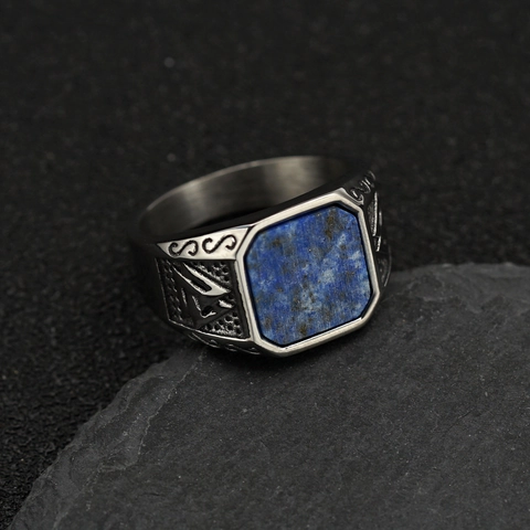 Viking Titanium Steel Signet Ring For Men Vintage Nordic Valknut Rune Inlaid Tiger Eye Black Agate Lapis Lazuli Punk Ring Jewelry