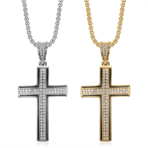 Hip Hop Stainless Steel Cross Pendant Necklace For Men Pave Rhinestone Gold Silver Plated Iced Out Jewelry Decorative Gift