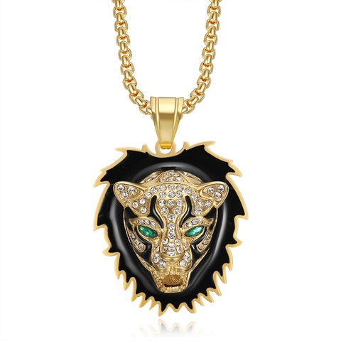 Hip Hop Stainless Steel Leopard Head Pendant Necklace For Men Women Gold Silver Plated Rhinestone Animal Jewelry Gift
