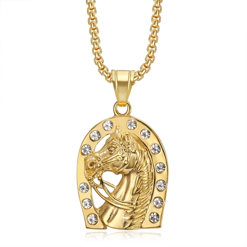 Collana con Ciondolo a Forma di Testa di Cavallo e Ferro di Cavallo Hip Hop Acciaio Inossidabile con Strass Intarsiato