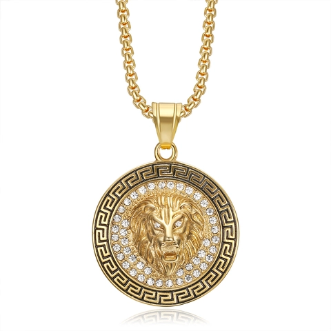 Stainless Steel Hip Hop Lion Head Pendant Necklace Gold Silver Plated Rhinestone Greek Key Meander Pattern Jewelry Gift