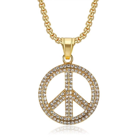 Hip Hop Peace Sign Pendant Necklace Stainless Steel Gold Silver Plated Rhinestone Medallion Streetwear Jewelry For Men