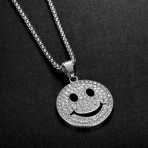 Hip Hop Titanium Steel Smiley Face Pendant Necklace Rhinestone Inlaid Gold Silver Plated Round Charm Jewelry For Men Women
