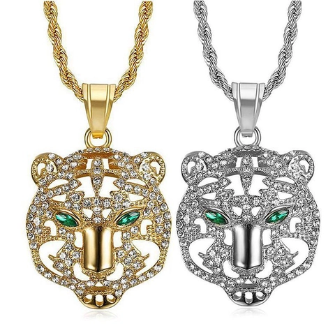 Hip Hop Tiger Leopard Head Pendant Necklace Titanium Steel Rhinestone Pave Animal Jewelry For Men Women Gold Silver Jewelry