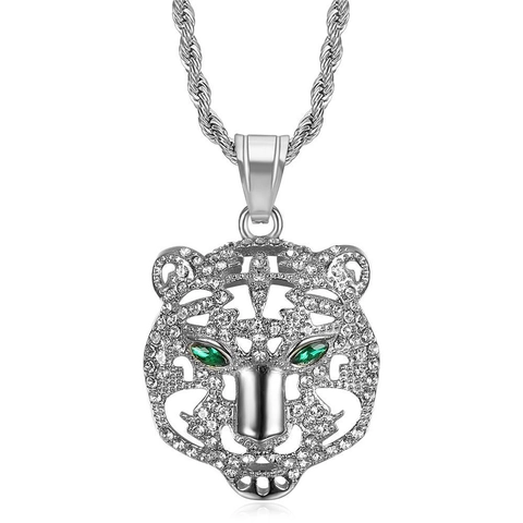 Hip Hop Tiger Leopard Head Pendant Necklace Titanium Steel Rhinestone Pave Animal Jewelry For Men Women Gold Silver Jewelry