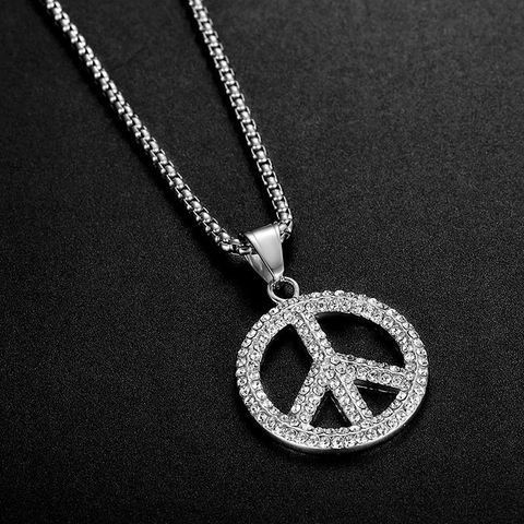 Collana Con Ciondolo Segno Della Pace Hip Hop In Acciaio Inossidabile Con Strass Pavé Gioielli Placcati Oro Argento Uomo Donna