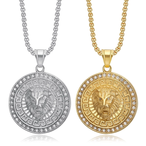 Collana con Ciondolo Testa di Leone Hip Hop in Acciaio Inossidabile Strass Greca Gioielli Stile Street Retro per Uomo Donna