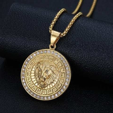 Collana con Ciondolo Testa di Leone Hip Hop in Acciaio Inossidabile Strass Greca Gioielli Stile Street Retro per Uomo Donna