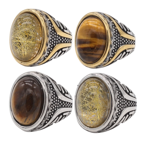 Vintage Men Titanium Steel Ring Ottoman Style Relief Tiger Eye Rutilated Quartz Abalone Shell Inlaid Carved Band Ring Jewelry Gift