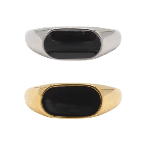 Anello Sigillo Minimalista in Acciaio al Titanio per Donna Uomo Vintage Ovale Nero Smalto Oro Argento Gioielli