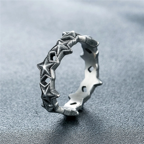 Vintage Stainless Steel Five Pointed Star Ring For Men Women Retro Punk Hollow Star Ring Antique Silver Gothic Hip Hop Jewelry Band
