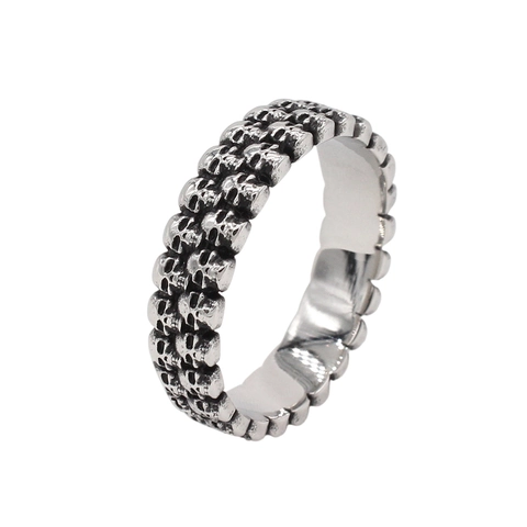 Anello Teschio a Doppia Fila in Acciaio Inossidabile Vintage Punk Gothic Band Argento Antico Gioielli Biker per Uomo Accessorio Festa