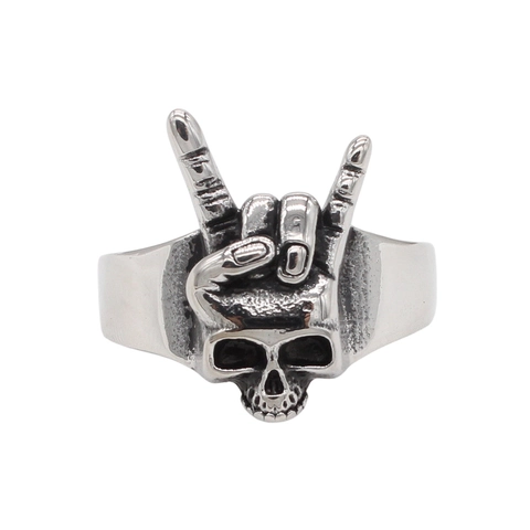 Vintage Punk Rock Skull Hand Sign Horns Gesture Titanium Steel Ring For Men Gothic Retro Metal Finger Ring Jewelry Gift