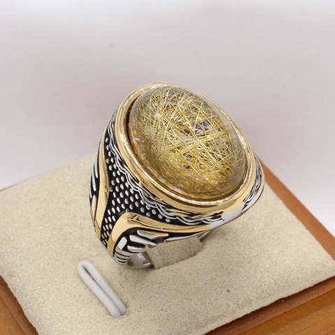 Vintage Men Titanium Steel Ring Ottoman Style Relief Tiger Eye Rutilated Quartz Abalone Shell Inlaid Carved Band Ring Jewelry Gift