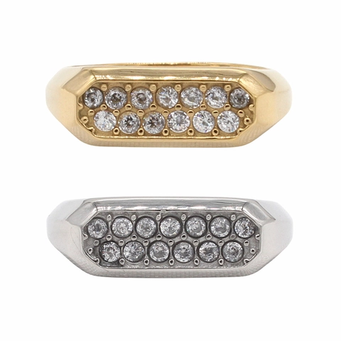 Trendiger Achteckiger Titanstahl Doppelreihiger Strass Ring Für Damen Herren INS Stil Gold Silber Überzogener Schmuck