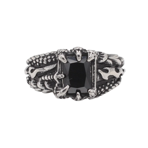 Vintage Gothic Dragon Claw Ring For Men Titanium Steel Antique Silver Punk Rectangular Red Black Rhinestone Ring Rock Jewelry