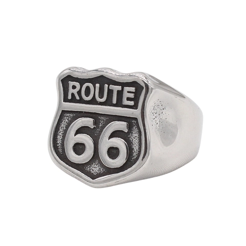 Anello da Uomo in Acciaio al Titanio Vintage Route 66 Scudo Retro Biker Punk Stile Annerito Anello con Sigillo Gioielli Regalo