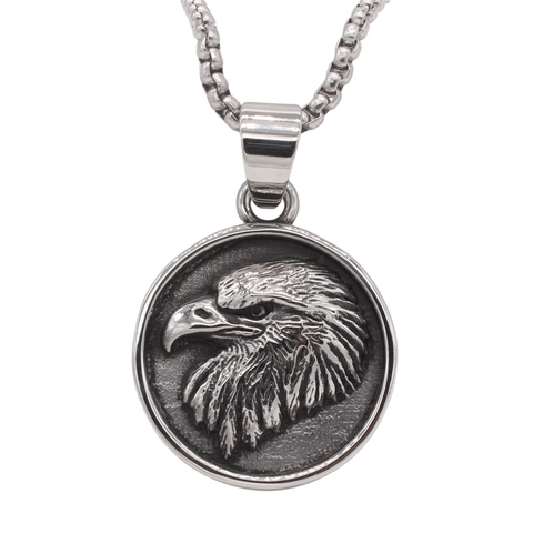 Vintage 316 Stainless Steel Eagle Head Relief Round Pendant For Men Retro Punk Silver Color Animal Jewelry Pendant Only