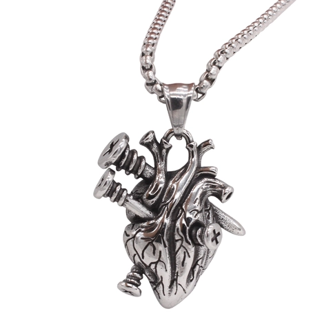 Retro 316 Stainless Steel Anatomical Heart Pendant Men Punk Gothic Jewelry Distressed Screw Design Industrial Style Jewelry Pendant Only