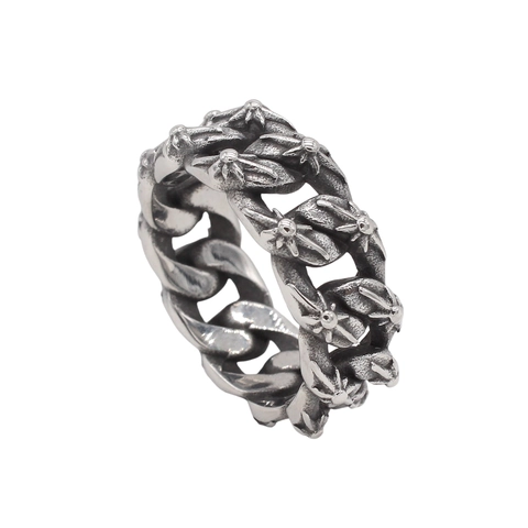 Vintage Gothic Stainless Steel Cuban Link Chain Ring For Men Women Antique Silver Distressed Cross Flower Band Ring