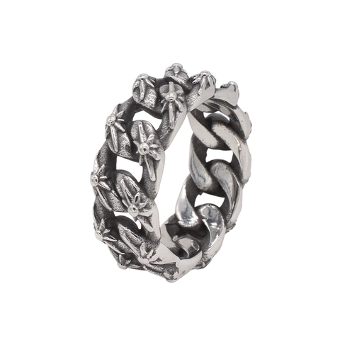 Vintage Gothic Stainless Steel Cuban Link Chain Ring For Men Women Antique Silver Distressed Cross Flower Band Ring