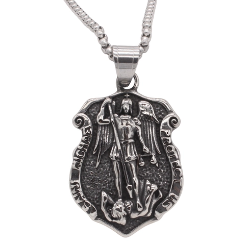 Vintage 316 Edelstahl Heiliger Michael Schild Anhänger Für Herren Religiöses Erzengel Jäger Amulett Schmuck Geschenk