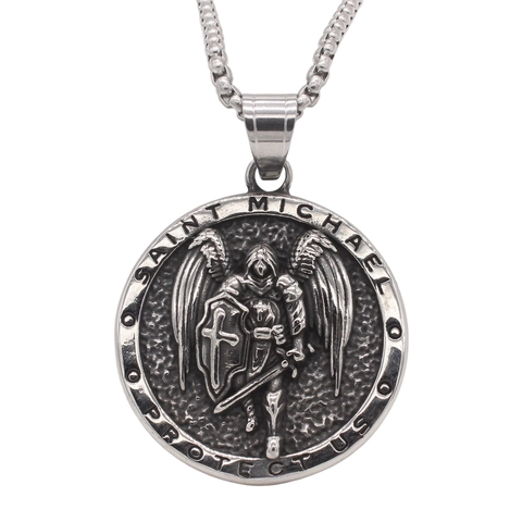 Ciondolo Angelo San Michele Proteggici Per Uomo Vintage Religioso Acciaio Inossidabile 316 Medaglione Rotondo