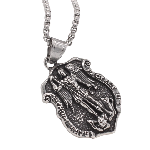Vintage 316 Edelstahl Heiliger Michael Schild Anhänger Für Herren Religiöses Erzengel Jäger Amulett Schmuck Geschenk