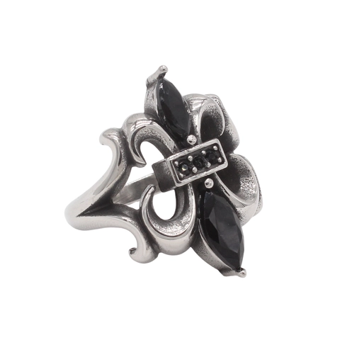 Vintage Gothic Fleur-De-Lis Stainless Steel Ring For Men Women Retro Black Rhinestone Inlaid Punk Jewelry Band Ring