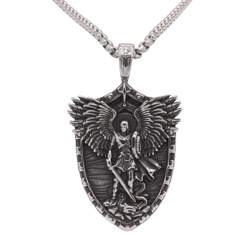 Collana con Ciondolo a Scudo di Arcangelo Michele in Acciaio Inossidabile 316 Argento Antico Retrò Uomo Gioielli 3D