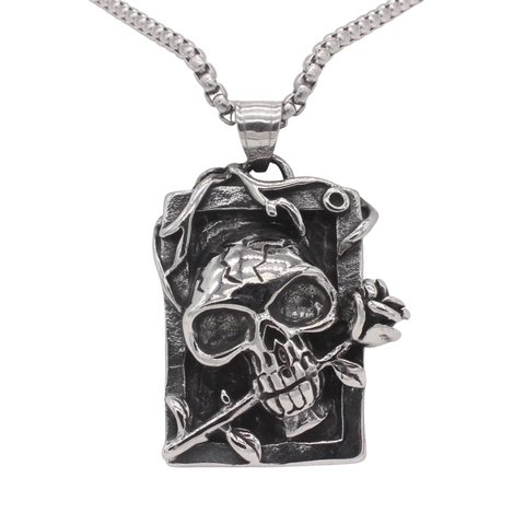Vintage Punk Pendente in Acciaio Inossidabile 316 con Teschio e Rosa Rilievo Gotico Rettangolo Solo Ciondolo per Uomo Gioielli Retro