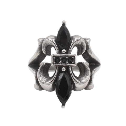 Vintage Gothic Fleur-De-Lis Stainless Steel Ring For Men Women Retro Black Rhinestone Inlaid Punk Jewelry Band Ring