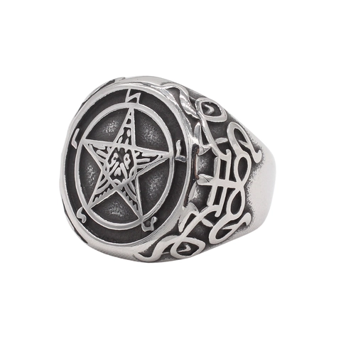 Vintage Men Stainless Steel Pentagram Signet Ring Retro Gothic Punk Star Pattern Antique Silver Band Jewelry Gift For Men