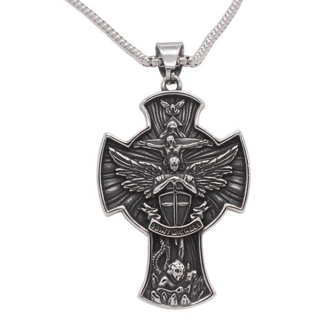 Vintage 316 Stainless Steel Saint Michael Cross Pendant Necklace For Men Retro Angel Wing Religious Jewelry Pendant Only