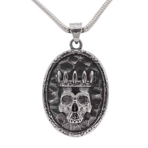 Ciondolo Teschio Corona in Acciaio Inossidabile Gothic Retro per Uomo Medaglia Ovale Martellata Solo Ciondolo Senza Catena