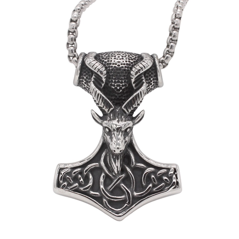 Ciondolo Vintage Vichingo Martello di Thor Testa di Capra Acciaio Inossidabile 316 Mitologia Norrena Mjolnir per Uomo Gioielli Rock Punk
