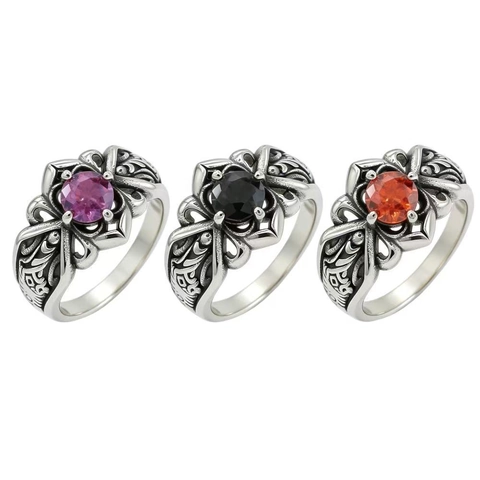 Vintage 304 Stainless Steel Round Rhinestone Ring For Women Men Antiqued Hollow Carved Gothic Boho Finger Jewelry Ring Gift