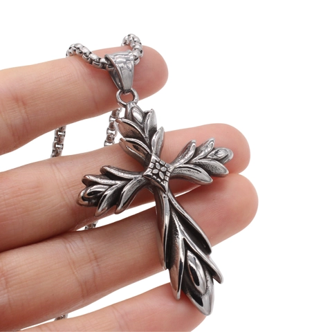 Vintage 316 Edelstahl Kreuz Anhänger Nur Für Herren Gothic Geschnitztes Blattmuster Retro Punk Schmuck Ohne Kette