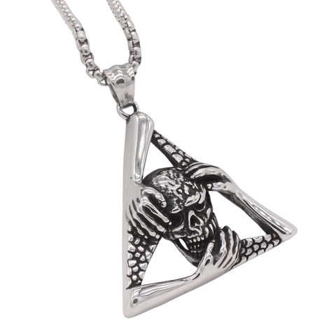 Pendente a Triangolo con Teschio in Acciaio Inossidabile 316 Punk Retrò per Uomo Argento Antico Gotico Solo Pendente Senza Catena