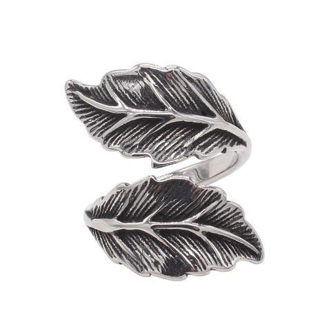 Vintage Leaf Open Ring For Men Stainless Steel Antique Silver Retro Adjustable Band Personalized Fashion Jewelry Gift