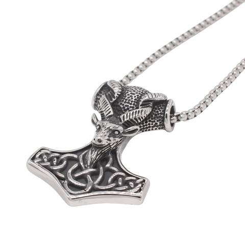 Ciondolo Vintage Vichingo Martello di Thor Testa di Capra Acciaio Inossidabile 316 Mitologia Norrena Mjolnir per Uomo Gioielli Rock Punk