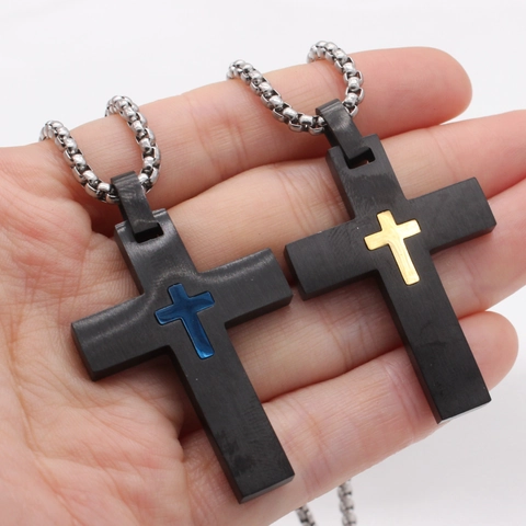 Vintage Titaniumstaal Kruis Hanger Ketting Heren Retro Zwart Geborsteld Blauw Goud Kruis Religieuze Hanger Zonder Ketting
