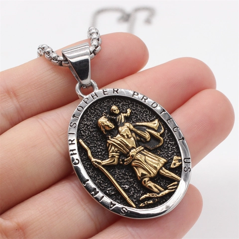Vintage Sint-Christoffel Bescherm Ons Hanger Voor Heren Dames Roestvrij Staal Ovaal Religieuze Medaille Amuleto Zonder Ketting
