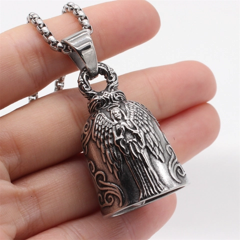 Vintage Stainless Steel Guardian Bell Pendant Necklace For Men Women Angel Heart Wings Biker Guardian Bell Jewelry Gift