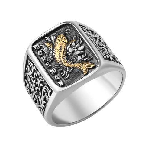 Vintage Titanium Steel Koi Carp Signet Ring For Men Carved Wave Relief Scroll Pattern Gothic Punk Finger Band Jewelry