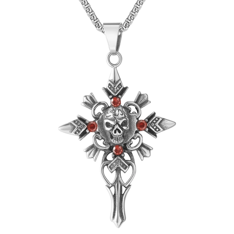 Ciondolo a Croce con Teschio Gotico Vintage per Uomo in Acciaio al Titanio Argento Antico Strass Gioielli Punk Rock Ciondolo Solo Senza Catena