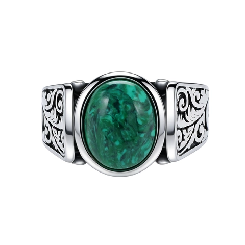 Anello da Uomo Vintage in Acciaio al Titanio Con Malaquita Verde Ovale Motivo a Volute Gioielli Gothic Punk Anello Retrò per Uomo