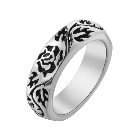 Vintage Rose Flower Stainless Steel Ring For Men Women Engraved Floral Vine Band Personalized Gothic Punk Jewelry Gift