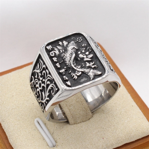 Vintage Titanium Steel Koi Carp Signet Ring For Men Carved Wave Relief Scroll Pattern Gothic Punk Finger Band Jewelry